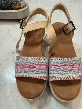 TOMS Beige Strap Sandals with Multicolor Woven Front